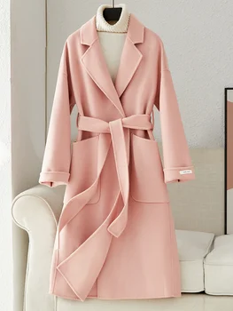 2022 Есен/зима Нов розов двустранно кашемировое палто дамско от висококачествени покривка козината е със средна дължина от 100-чиста вълна