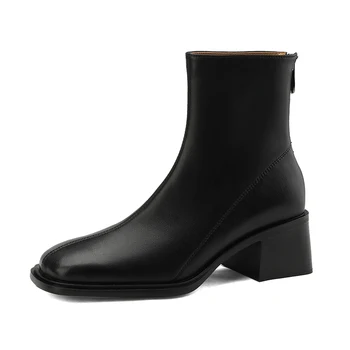 2023 Женски ботильоны, есенно-зимни дамски обувки в стил ретро с цип, черни, кафяви, бежови, с квадратни пръсти, в масивна токчета, модерни ежедневни обувки