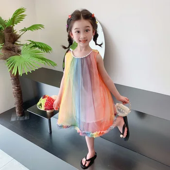 2023 Лятото на принцеса рокля без ръкави за малки момичета с крила на пеперуда, елегантни дрехи цветовете на дъгата, за 2-10 години