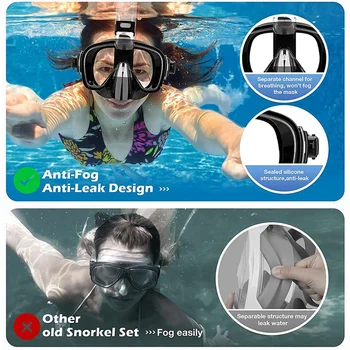 2X Маска за гмуркане, набор от сгъваеми маски за гмуркане със система за сухо горната част и прикрепен за камерата, черен