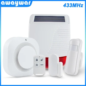 Awaywar 433 Mhz сот Безжична Охранителна слънчева сирена комплект PIR Датчик за Движение/Врати Пожарникар Детектор за Дим за Умни Домове