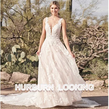 HERBURN Елегантни сватбени рокли за жени с дълбоко V-образно деколте без ръкави, модерен катедралата 2023 г., директна доставка, Vestido De Casamento