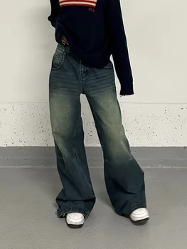 HOUZHOU реколта широки дънки, широки дамски гранжевые извънгабаритни дънкови панталони в американския ретро стил с висока талия, дамски градинска дрехи, каубойски панталони