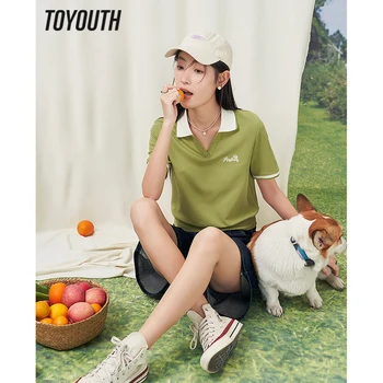 Toyouth, женска тениска 2023, летни тениски, поло с къс ръкав и V-образно деколте, плътно прилепнали тениски, бродерия, черен, сив, зелен, ежедневни и шикозни дизайнерски върховете
