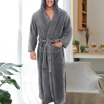 Атрактивен мъжки халат за баня с дължина до щиколоток с дълъг ръкав, руното нощница голям размер за ежедневието