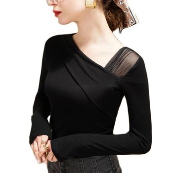 Дамска тениска с дълъг ръкав за пролет-есен с наклонена яка, черен женски топ, гъвкав елегантен дамски дрехи