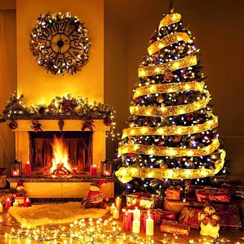 Коледна Украса Led Лента Страхотна Светлините на Коледната Елха Украса за Дома 2023 САМ Панделки Светлинна Линия Навидад Нова Година 2024