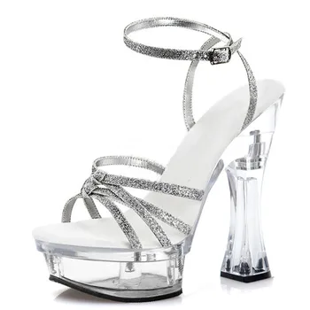 Лятна рокля за сватбеното парти с декорация във формата на кристали на високо квадратен ток 14 см, женски сандали за танци на един стълб в нощен клуб, прозрачни сандали на платформа, обувки