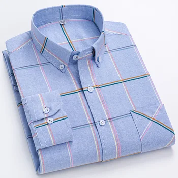 Мъжки ежедневни риза от 100% чист памук, Оксфорд риза в клетка с дълъг ръкав, мъжки дрехи в бялата клетка, монофонични принт, лесно обслужване