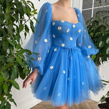 Сини рокли за бала 2021, пищни премяна известни личности с дълъг ръкав на бала, дантелено един коктейл рокля над коляното без презрамки