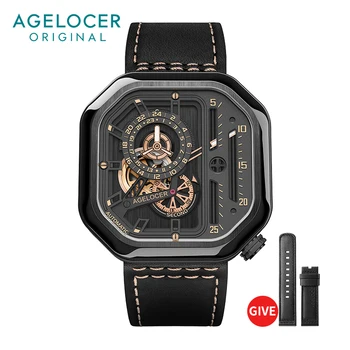 AGELOCER Мъжки висок клас марка, механични-автоматични модни луксозни светлинен квадрат на часовника от неръждаема стомана