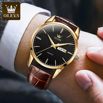 OLEVS Модерен бизнес мъжки часовник с кожена каишка, луксозен позлатен корпус, седмичен календар за 2023 година, новият мъжки кварцов часовник 6898