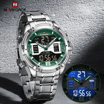 Цифрови мъжки часовници марка NAVIFORCE, ежедневни мъжки кварцов светещи ръчен часовник от неръждаема стомана, военни водоустойчиви спортни LCD часовници